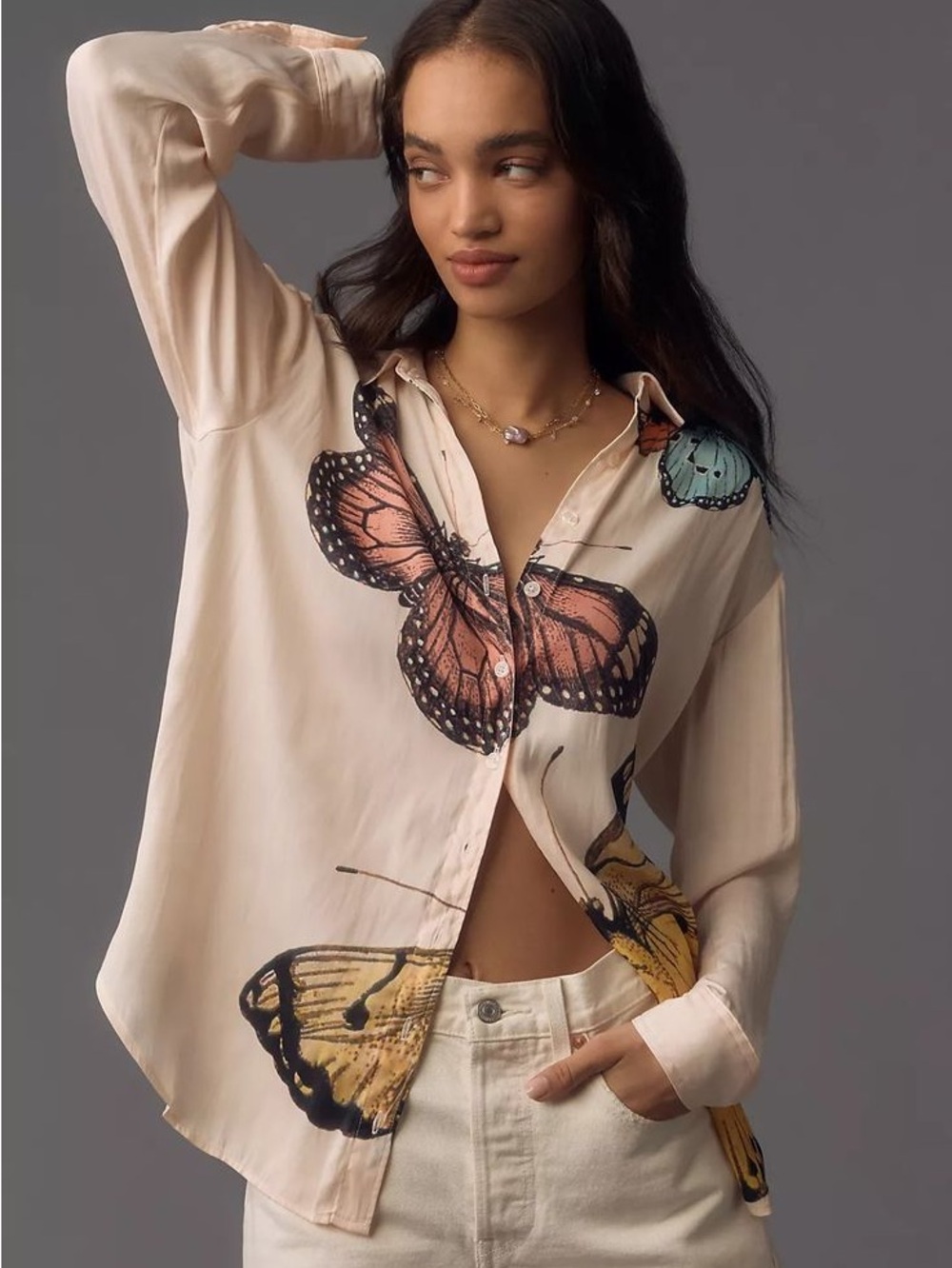 Anthropologie Brielle Butterfly Print Button Down Blouse Pink M